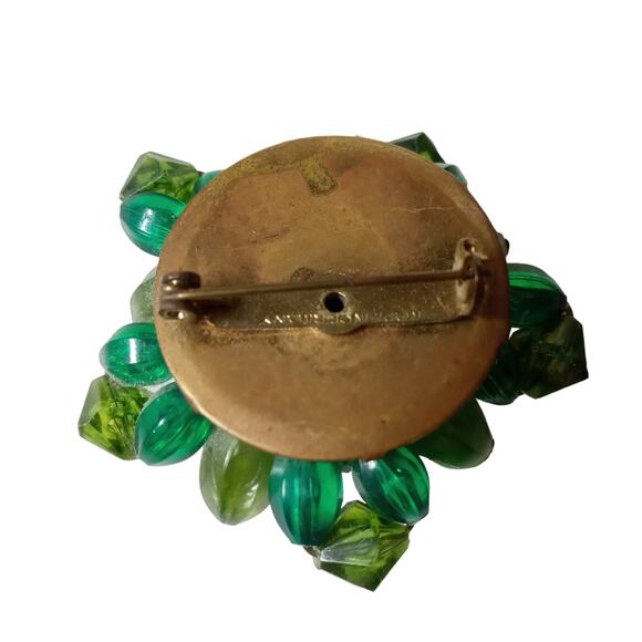 Vintage Green Cluster Brooch Signed Bronze Tone Beaded VTG - Picture 7 of 13